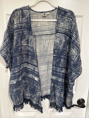 Roxy One Size Short Sleeve Open Front Boho Lightweight Cardigan Cover Blue Print